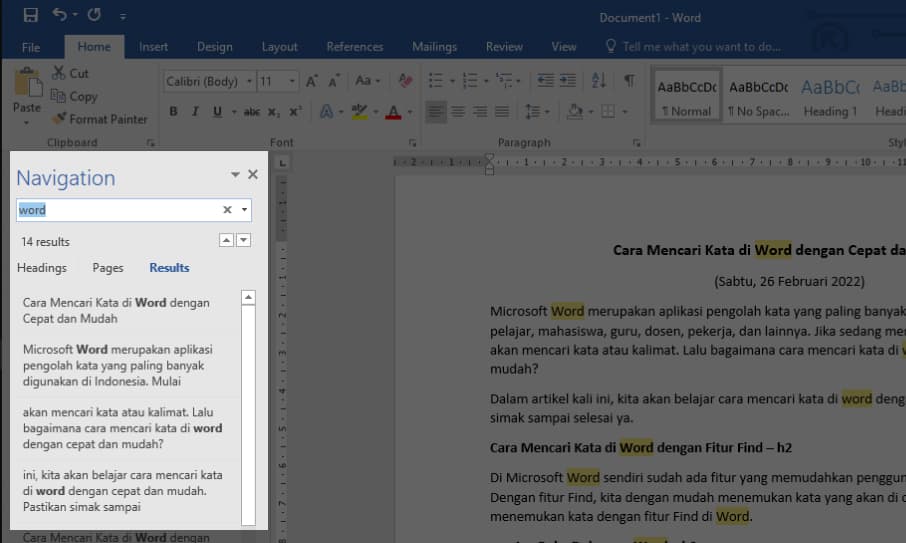 cara mencari kata di word