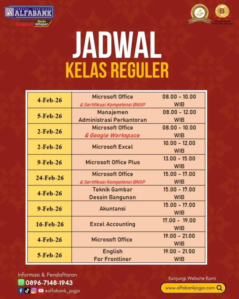 Jadwal Kursus Komputer Jogja Alfabank Yogyakarta 2026 Januari Februari