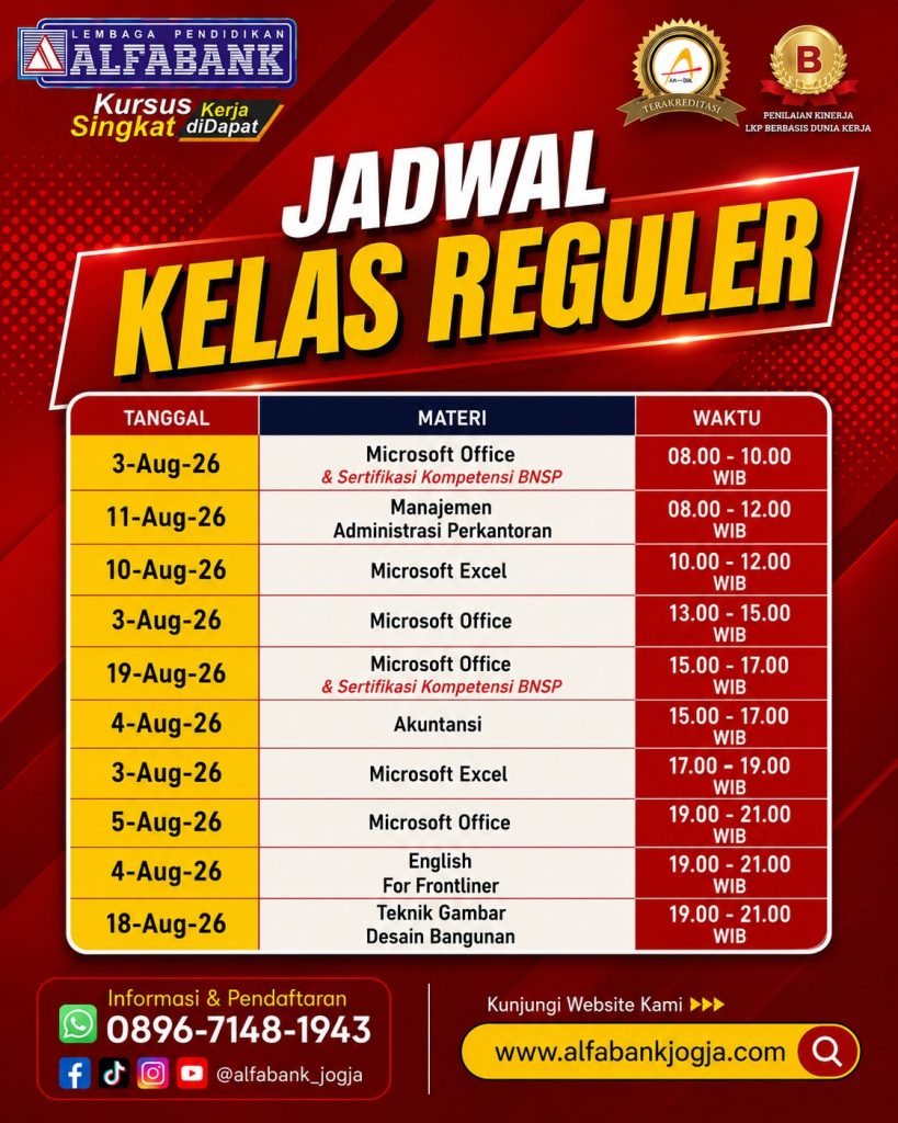 Jadwal Kursus Komputer Jogja Kelas Reguler Agustus 2026