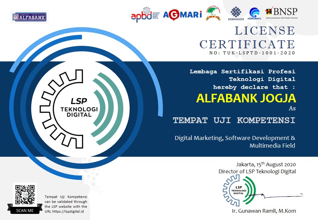 License Certificate TUK LSP Teknologi Digital Alfabank Jogja