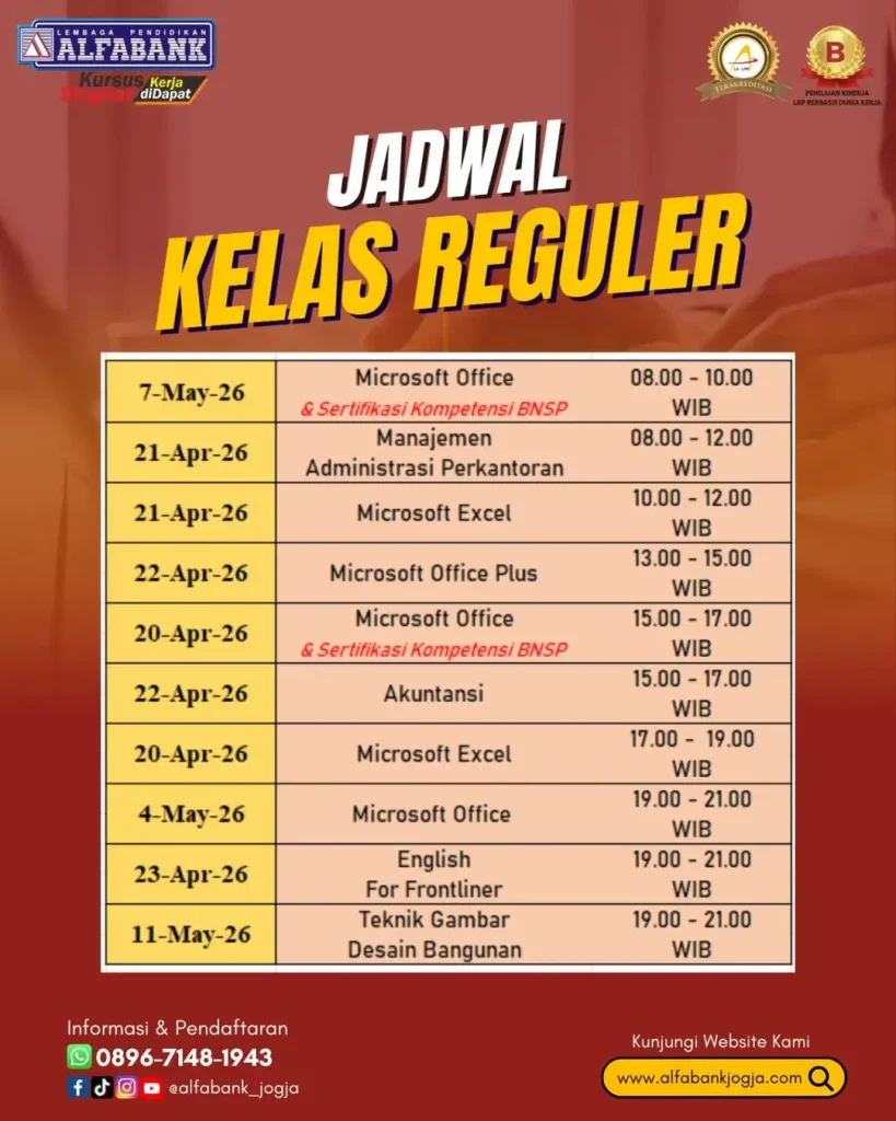 Jadwal kursus komputer jogja april 2026 alfabank yogyakarta