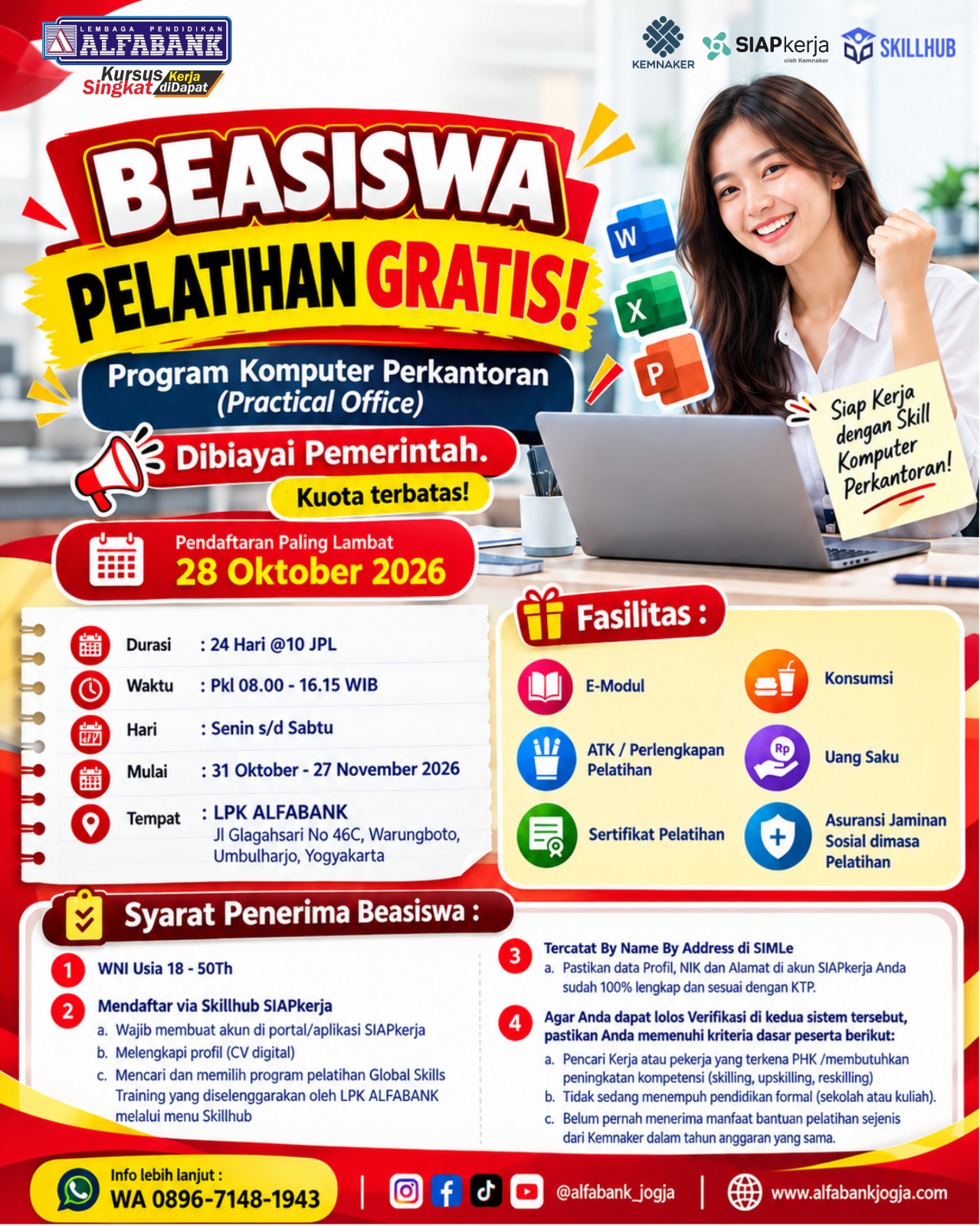 Flyer Beasiswa Pelatihan Gratis Komputer Perkantoran Alfabank Jogja