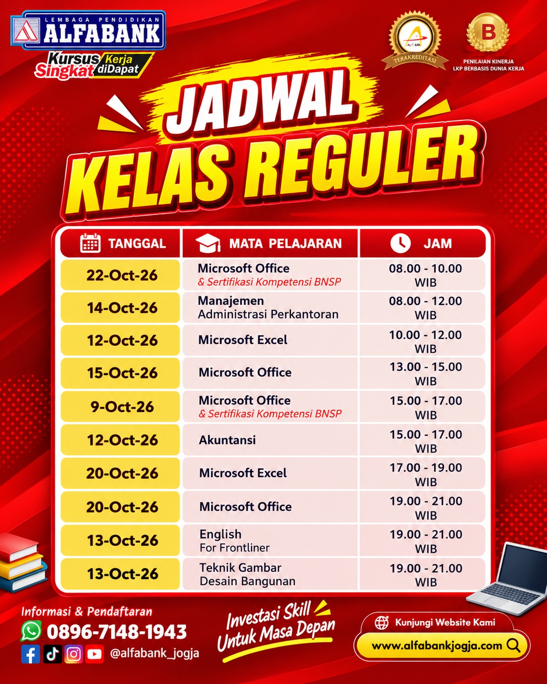 Flyer Jadwal Kursus Reguler Weekday Alfabank Jogja