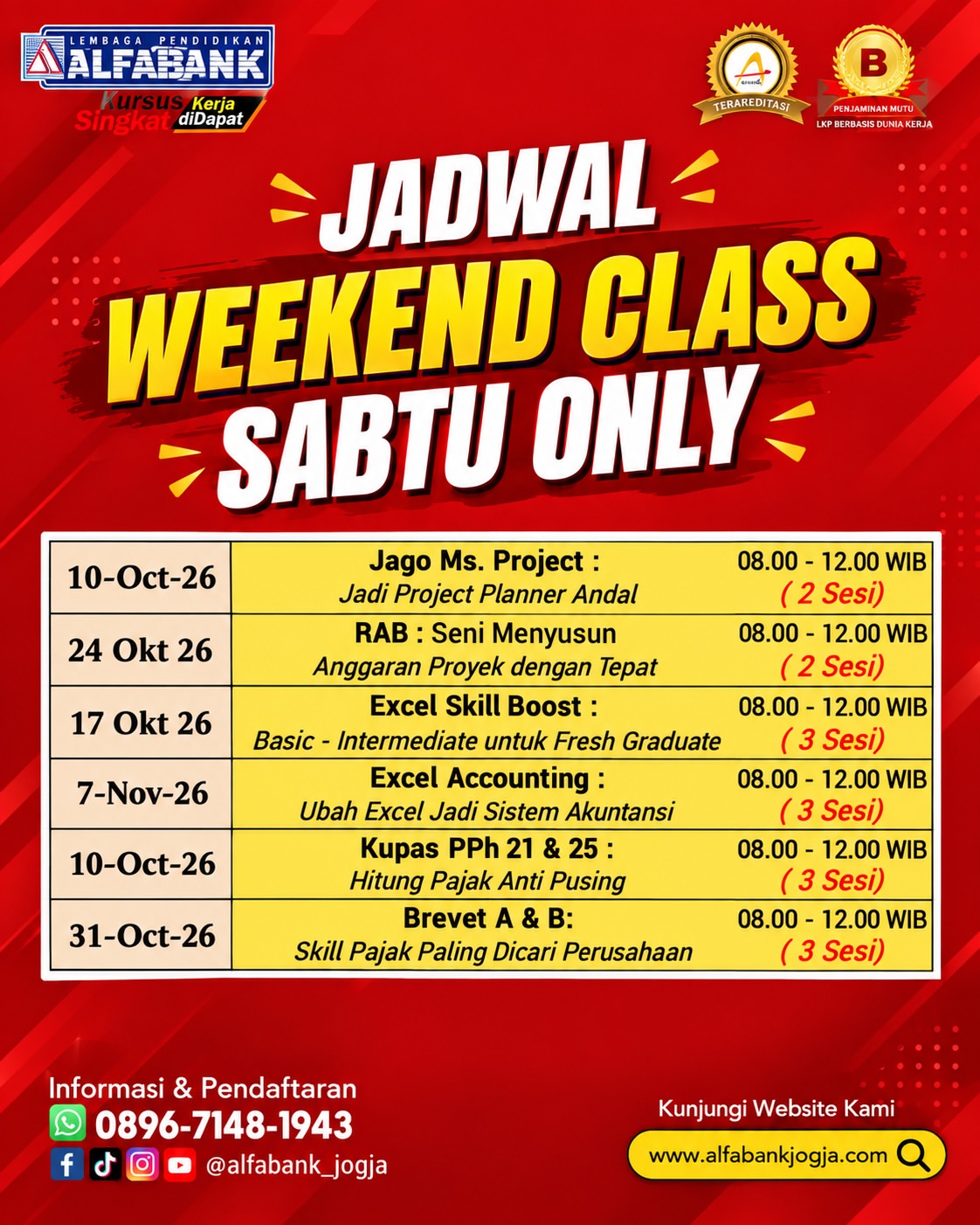 Flyer Jadwal Kursus Sabtu Produktif Weekend Alfabank Jogja